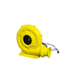 Yellow bounce house blower with a round design and a side outlet, suitable for inflating inflatable structures.