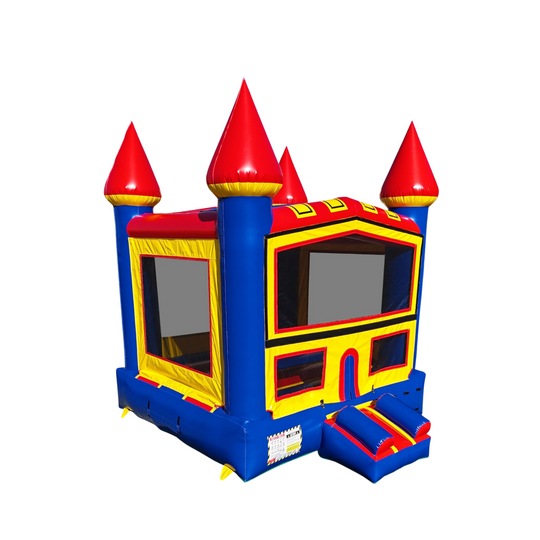 Colorful BM-676 Super Jumper bounce house with red, blue, and yellow design, featuring castle-like turrets and an entrance