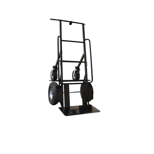 Four-wheeled dolly with a sturdy metal frame and large wheels, designed for transporting inflatable products.