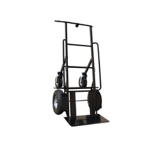 Four-wheeled dolly with a sturdy metal frame and large wheels, designed for transporting inflatable products.