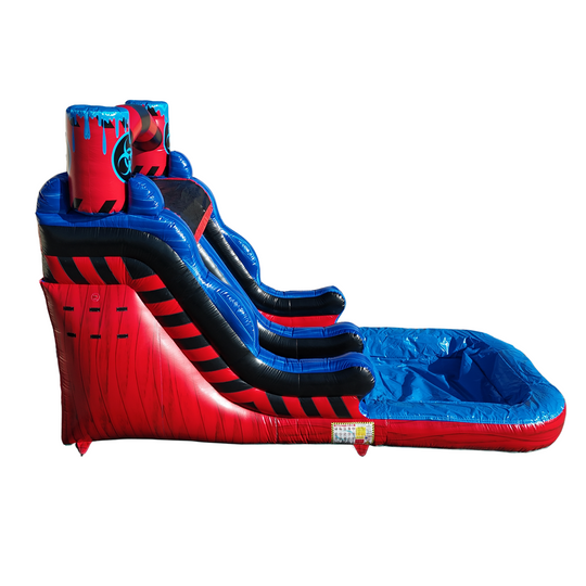 Blue Toxic Water Slide with red accents, featuring two sliding lanes and a splash pool at the bottom, ideal for summer fun.