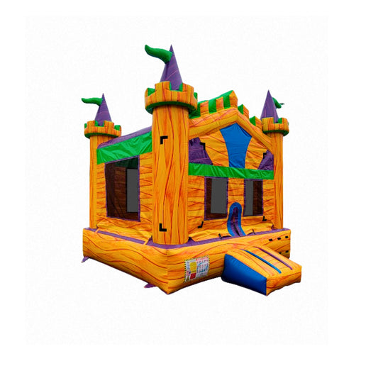 Colorful bounce house with a castle theme featuring purple turrets and a slide, suitable for outdoor events.