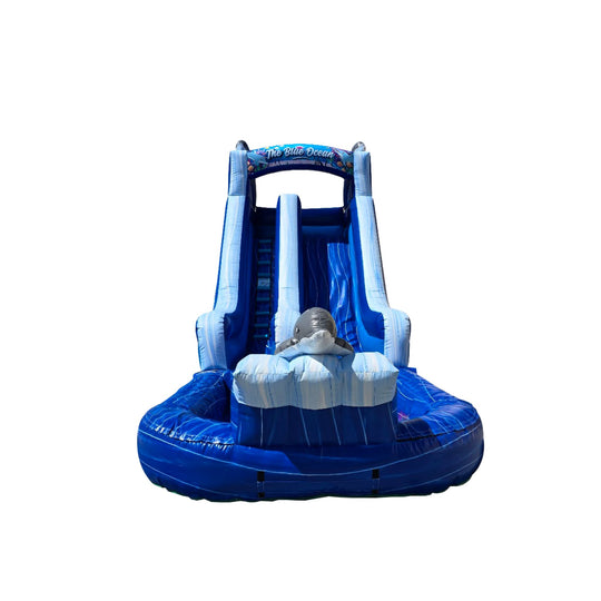 Bright blue commercial water slide featuring two parallel slides and a splash pool at the base.