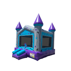 Purple and grey castle-themed commercial bounce house for sale with pointed turrets and mesh windows.