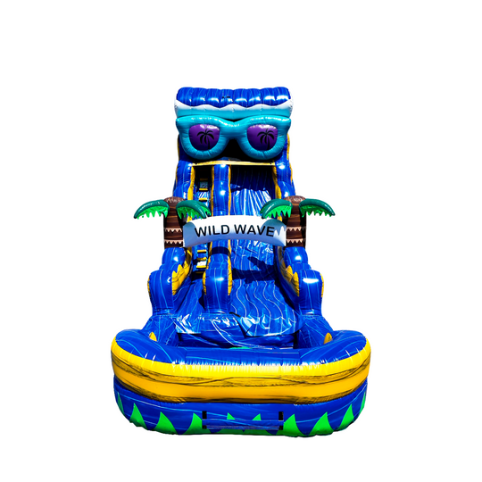 Bright blue commercial water slide for sale featuring palm trees and a 'WILD WAVE' banner, designed for outdoor fun.