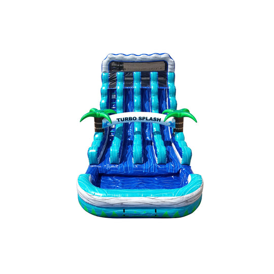 Bright blue Turbo Splash water slide featuring palm trees and a large splash pool, ideal for summer fun.