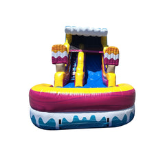 Colorful inflatable ice cream-themed water slide featuring two slides and a fun design, suitable for summer events.