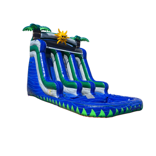 Large blue and green inflatable water slide featuring palm trees and a sun design, ideal for summer fun.