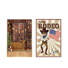A rustic rodeo-themed backdrop featuring cowboy gear, wooden textures, and string lights, ideal for a custom event banner.