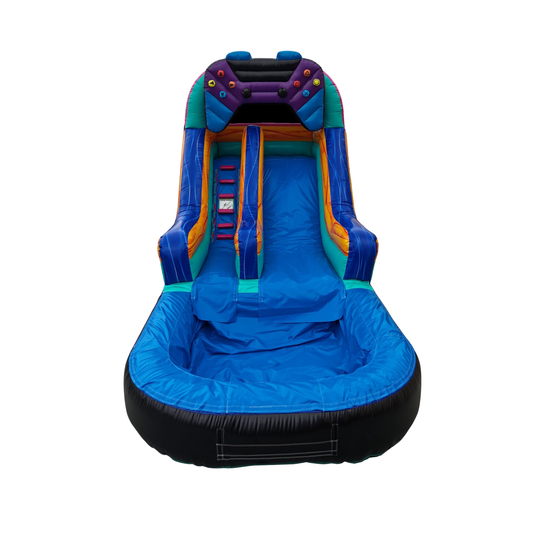 A large inflatable water slide with a bright blue slide and pool, accented with purple, teal, orange, and black sections, shown against a plain white background.