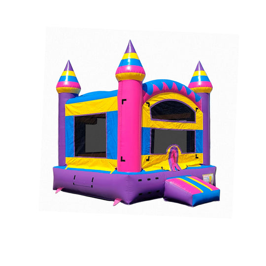 Colorful B-619 Bubblegum Palace bounce house featuring pink and blue design with tall spires, set against a white background.