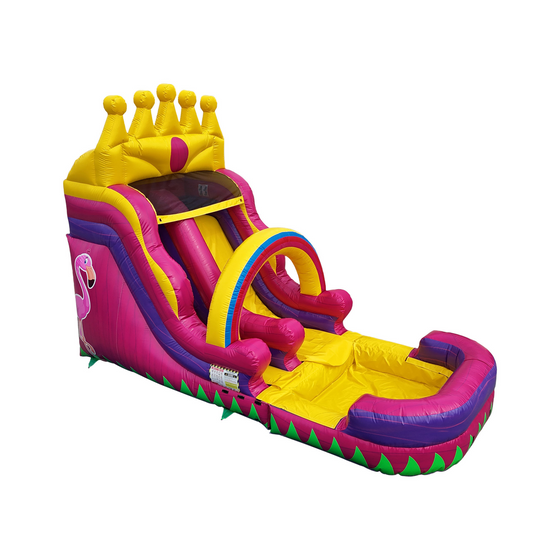 Bright pink and yellow commercial water slide featuring a flamingo theme and crown design, set against a white background.