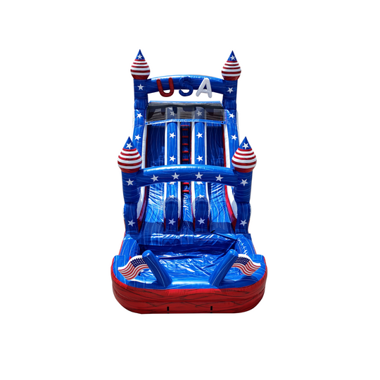 A vibrant 17 ft inflatable water slide featuring red, white, and blue colors with star patterns and flags, designed for