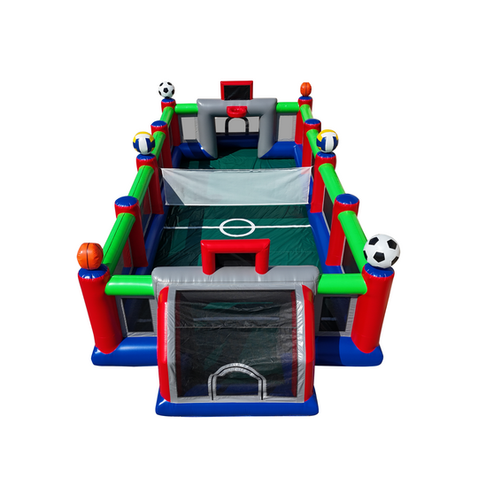 Colorful inflatable sports field with soccer and basketball elements, designed for interactive play.