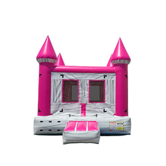 Pink and grey commercial bounce house with castle design, featuring two pointed towers and a front entrance.