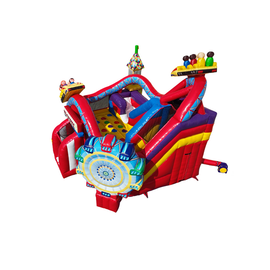 Colorful inflatable roller coaster splash with slides and seating for children, designed for water fun.