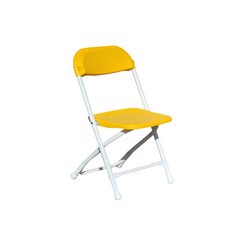 Bright yellow kids plastic folding chair with a white frame, suitable for various events.