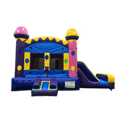 Colorful pink and yellow commercial inflatable combo with a slide and bounce area, set against a white background.
