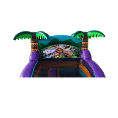 Tropical green water slide with palm trees and cartoon animals, showcasing a fun design for a commercial water slide for