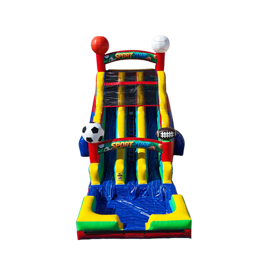 Brightly colored commercial water slide for sale featuring sports-themed decorations, including soccer and basketball