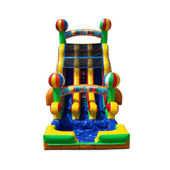 Brightly colored double water slide featuring a 'Party Time' theme with beach ball accents, set against a white background.