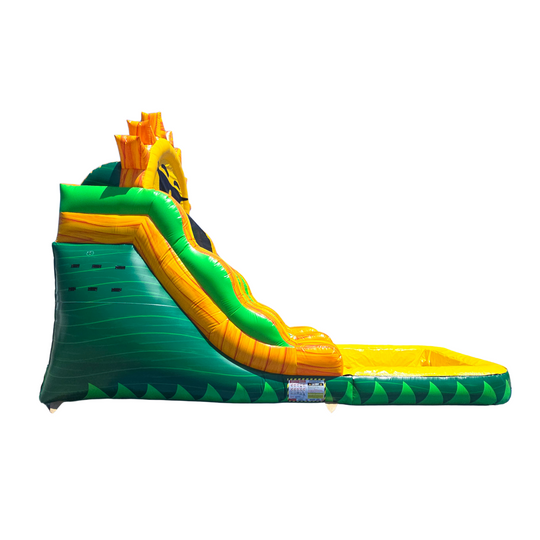 Bright green and yellow commercial water slide for sale with a sunny splash theme, featuring a tall slide and splash pool.