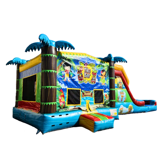 Colorful Tiki-themed inflatable combo water slide featuring palm trees and a slide, set against a bright backdrop.