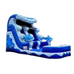 Blue and white inflatable water slide featuring shark designs, designed for fun and excitement in outdoor settings.