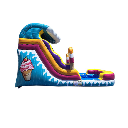 Colorful ice cream-themed commercial water slide for sale featuring a wave design and a splash pool.