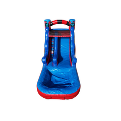 Bright blue and red commercial water slide featuring a toxic theme, with a tall slide and splash pool at the bottom.