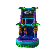 Tropical green water slide with palm trees, featuring a vibrant purple and blue design, suitable for outdoor fun.