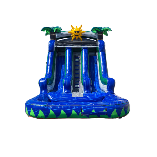 Blue Lagoon 18ft commercial water slide for sale featuring vibrant blue and green colors with palm trees and a sun design.