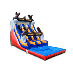 Large inflatable WS-245D Rocking Rapids water slide featuring three sliding lanes in vibrant blue and red colors, set against