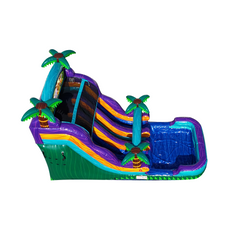 Colorful 18-foot tropical green water slide featuring palm trees and a splash pool, ideal for summer fun.