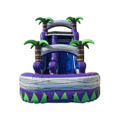 Purple Rush Water Slide featuring palm trees and a splash pool, designed for fun in outdoor settings.