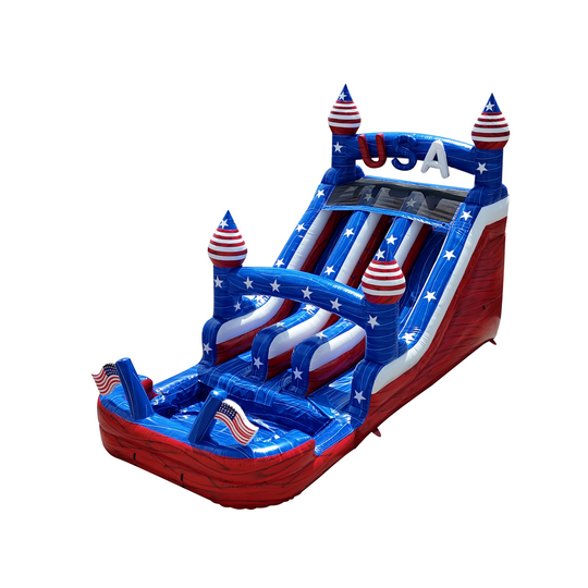 Red, white, and blue inflatable water slide with star patterns and patriotic decorations, featuring three sliding lanes.