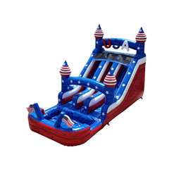 Red, white, and blue inflatable water slide with star patterns and patriotic decorations, featuring three sliding lanes.