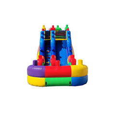 Colorful inflatable Mega Bloks water slide featuring multiple slides and climbing areas, ideal for summer fun.