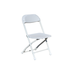 White plastic folding chair with a simple design, suitable for various events, displayed against a plain background.