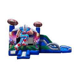 Colorful inflatable combo water slide featuring a football theme with a large player graphic and a slide leading to a splash