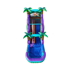 Tropical green 18ft high water slide featuring palm trees and a vibrant blue slide, set against a white background.