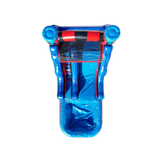 Top view of a blue toxic water slide with red accents, featuring a steep slide and splash pool, ideal for summer fun.
