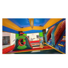 Colorful interior of the CWS-244-TIKI inflatable combo water slide for sale, featuring vibrant blue and yellow sections with