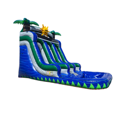 Blue Lagoon 18ft commercial water slide for sale featuring green and blue colors with palm trees and a sun design.
