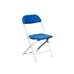 Blue plastic folding chair with a white frame, suitable for various events.