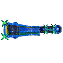 Large blue and green Mega Tsunami water slide featuring palm trees and a long sliding surface, set against a white