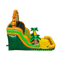 Bright green and yellow 18ft double line water slide featuring palm trees and a sun design, set against a white background.