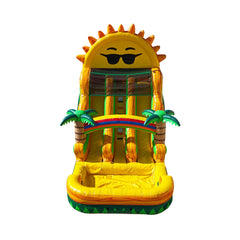 Bright yellow 18ft double line water slide featuring a smiling sun design and palm trees, set against a white background.