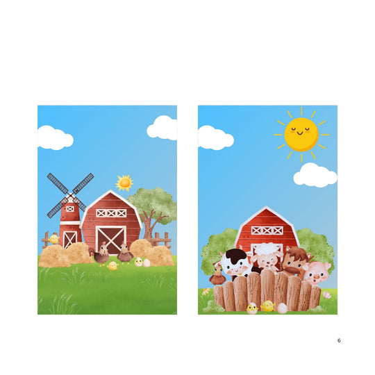 Two colorful farm-themed banners featuring a barn, animals, and a sunny sky, ideal for a custom event banner.