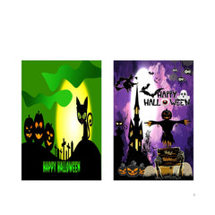 Two Halloween banners featuring spooky themes; one with a black cat and pumpkins, the other with a haunted house and bats